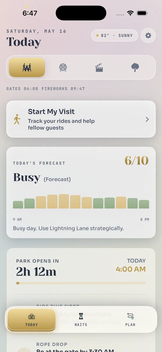 MagicDay app — Today view with live wait times and park forecast