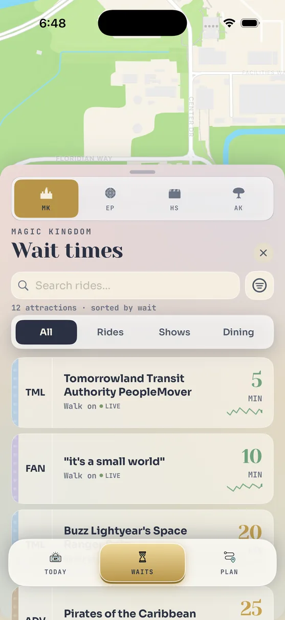 Live wait time map with color-coded pins