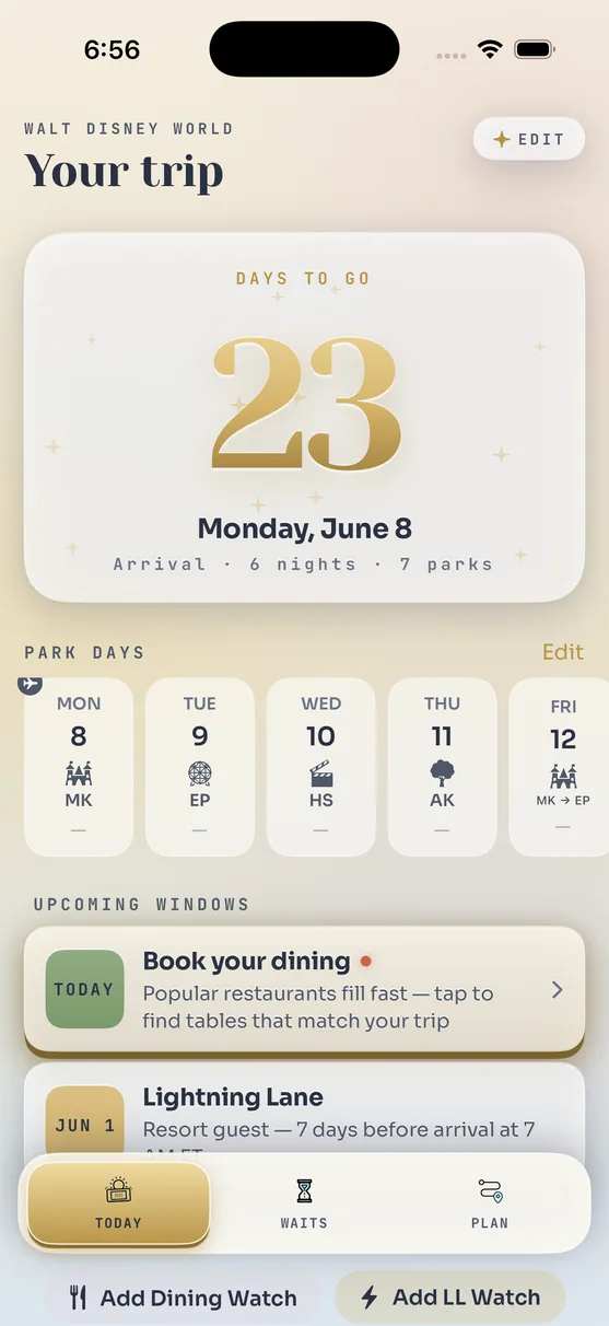 Pre-trip planning view with countdown and checklist